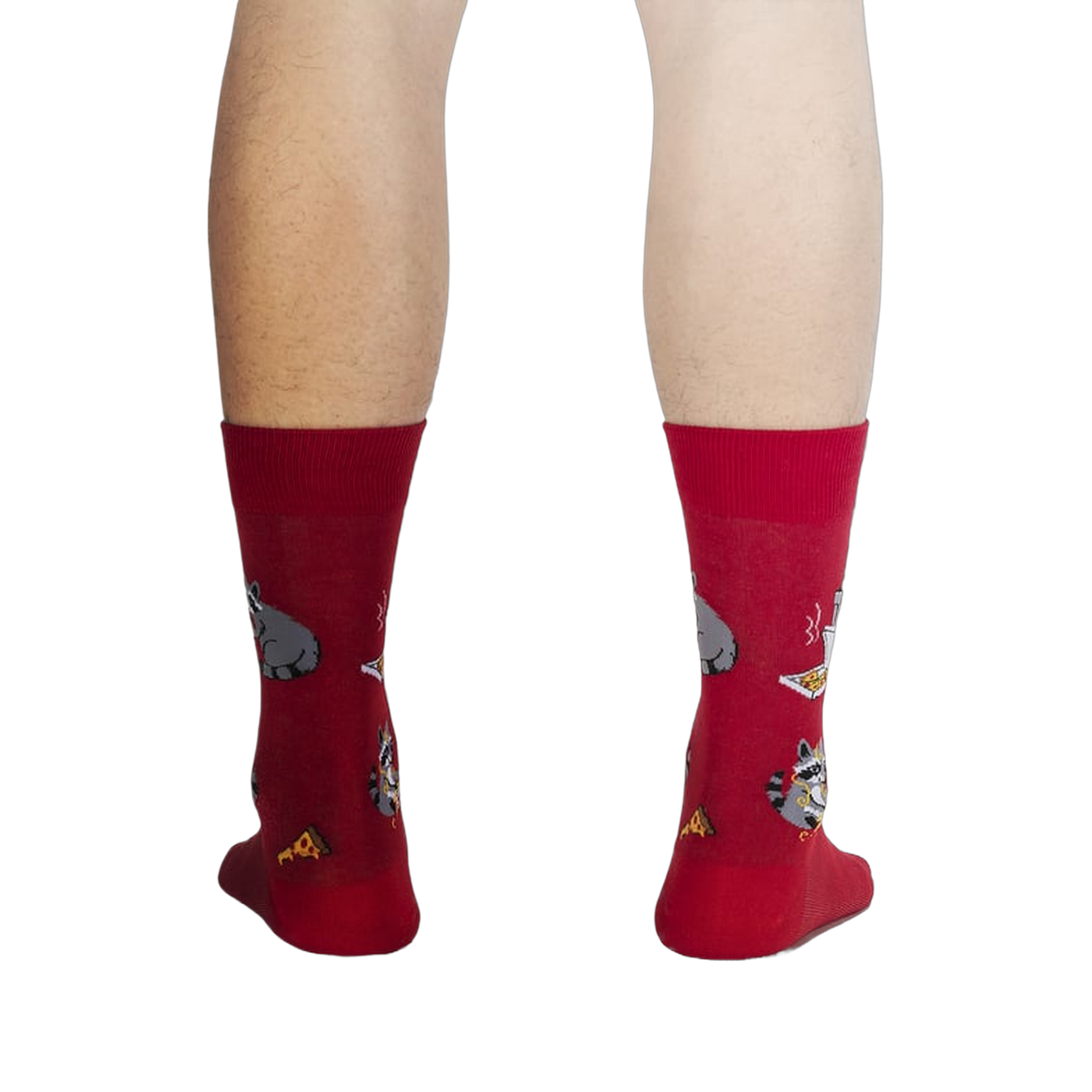 Back view of the red Trash Panda socks, showcasing the design on the back.