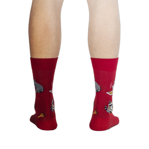 Back view of the red Trash Panda socks, showcasing the design on the back.