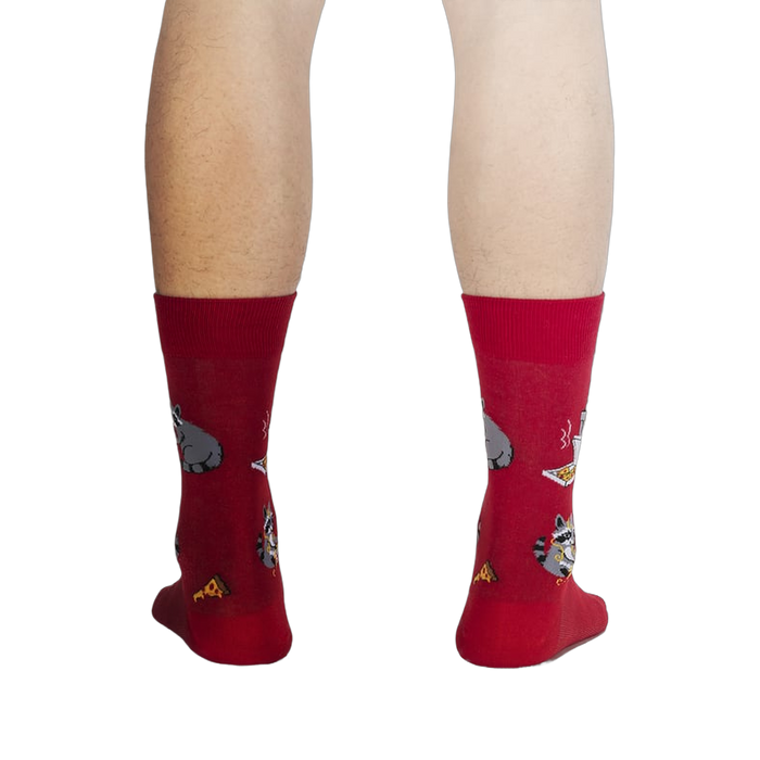 Back view of the red Trash Panda socks, showcasing the design on the back.