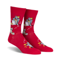 Red crew socks with a fun design featuring raccoons enjoying pizza slices from a trash can.