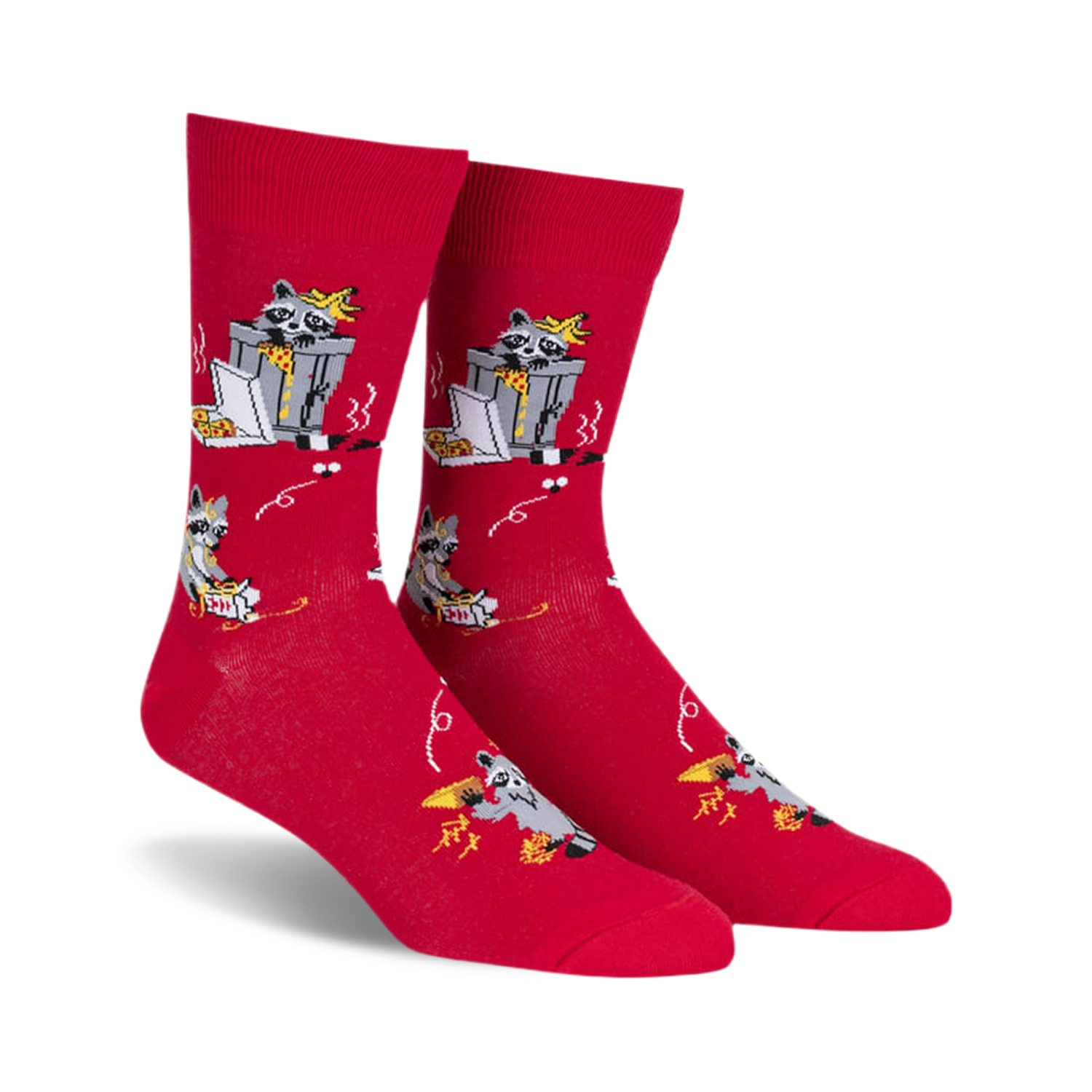 Red crew socks with a fun design featuring raccoons enjoying pizza slices from a trash can.