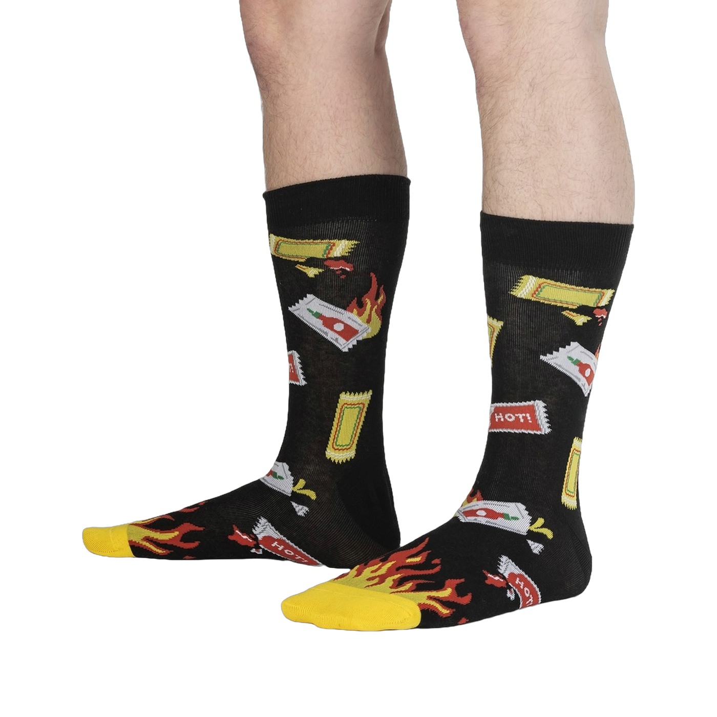 Lifestyle shot showing the 'Extra Hot' socks on a person's legs. The socks' design is clearly visible.