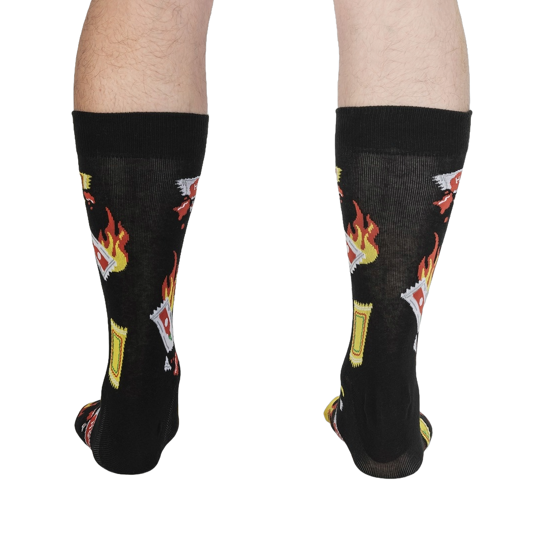 Rear view of the 'Extra Hot' socks on a person's legs. The back of the socks shows the full design.