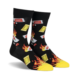 black crew socks with hot sauce packets and flames pattern. mens.  