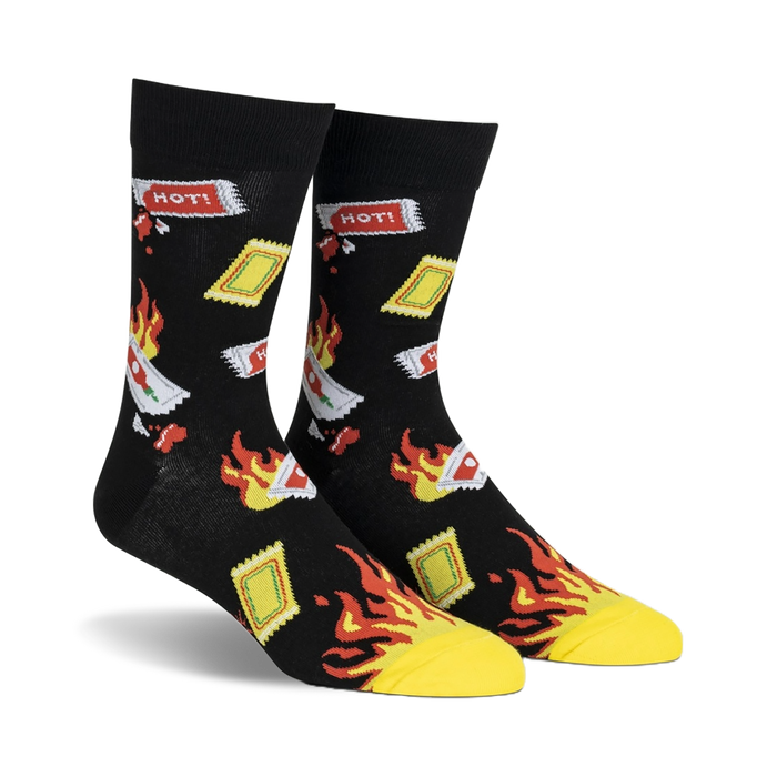black crew socks with hot sauce packets and flames pattern. mens.  
