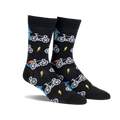 A pair of black crew socks with a fun bicycle pattern.  Blue, yellow, and white accents add detail to the design.