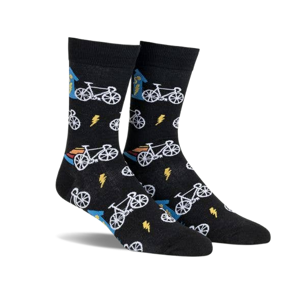 A pair of black crew socks with a fun bicycle pattern.  Blue, yellow, and white accents add detail to the design.