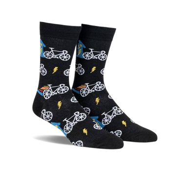 A pair of black crew socks with a fun bicycle pattern.  Blue, yellow, and white accents add detail to the design.