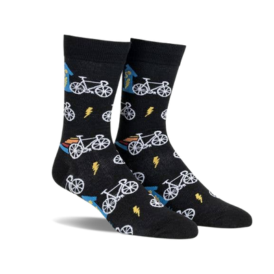 A pair of black crew socks with a fun bicycle pattern.  Blue, yellow, and white accents add detail to the design.