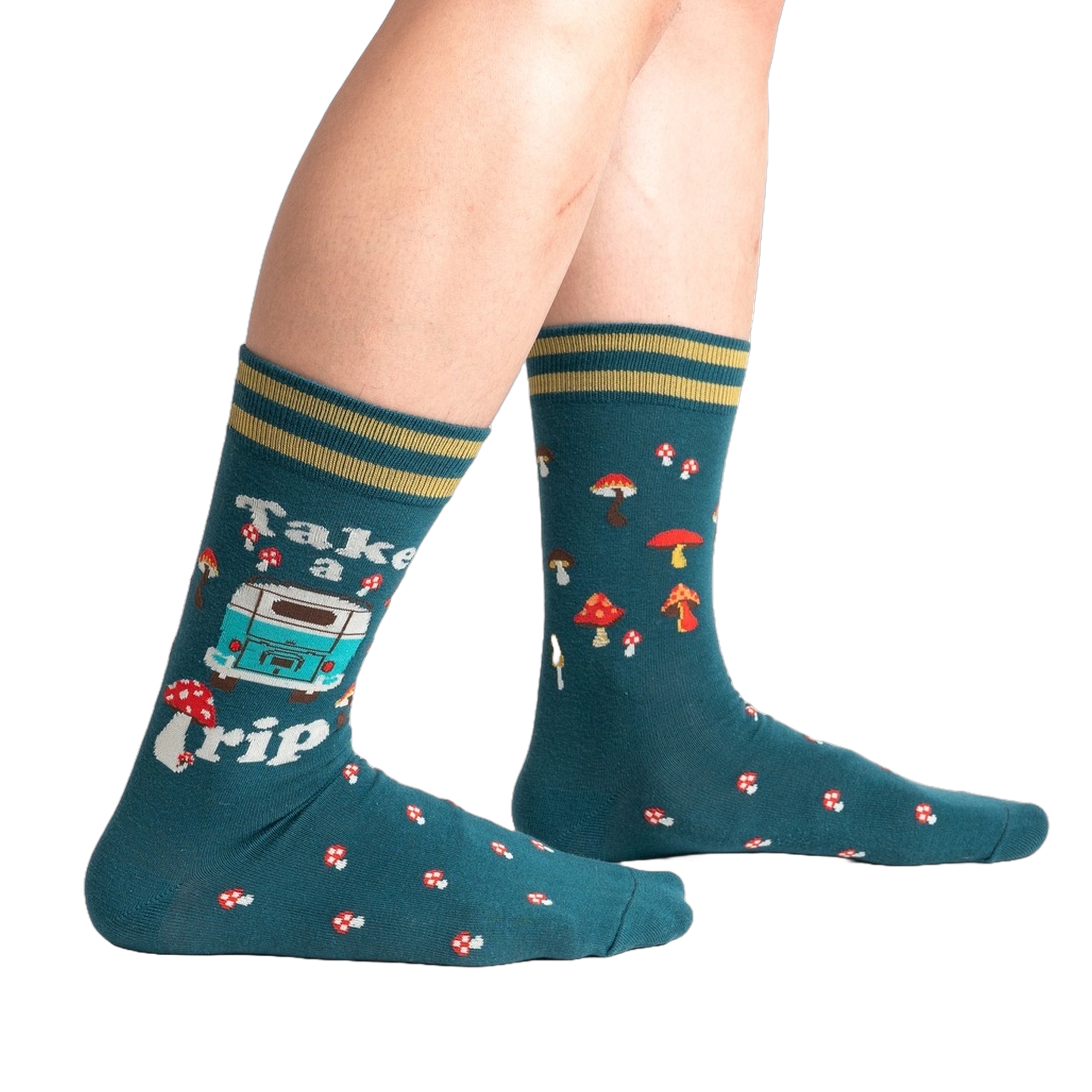 Lifestyle shot of a person wearing teal 'Take A Trip' socks, showcasing the socks on the feet.
