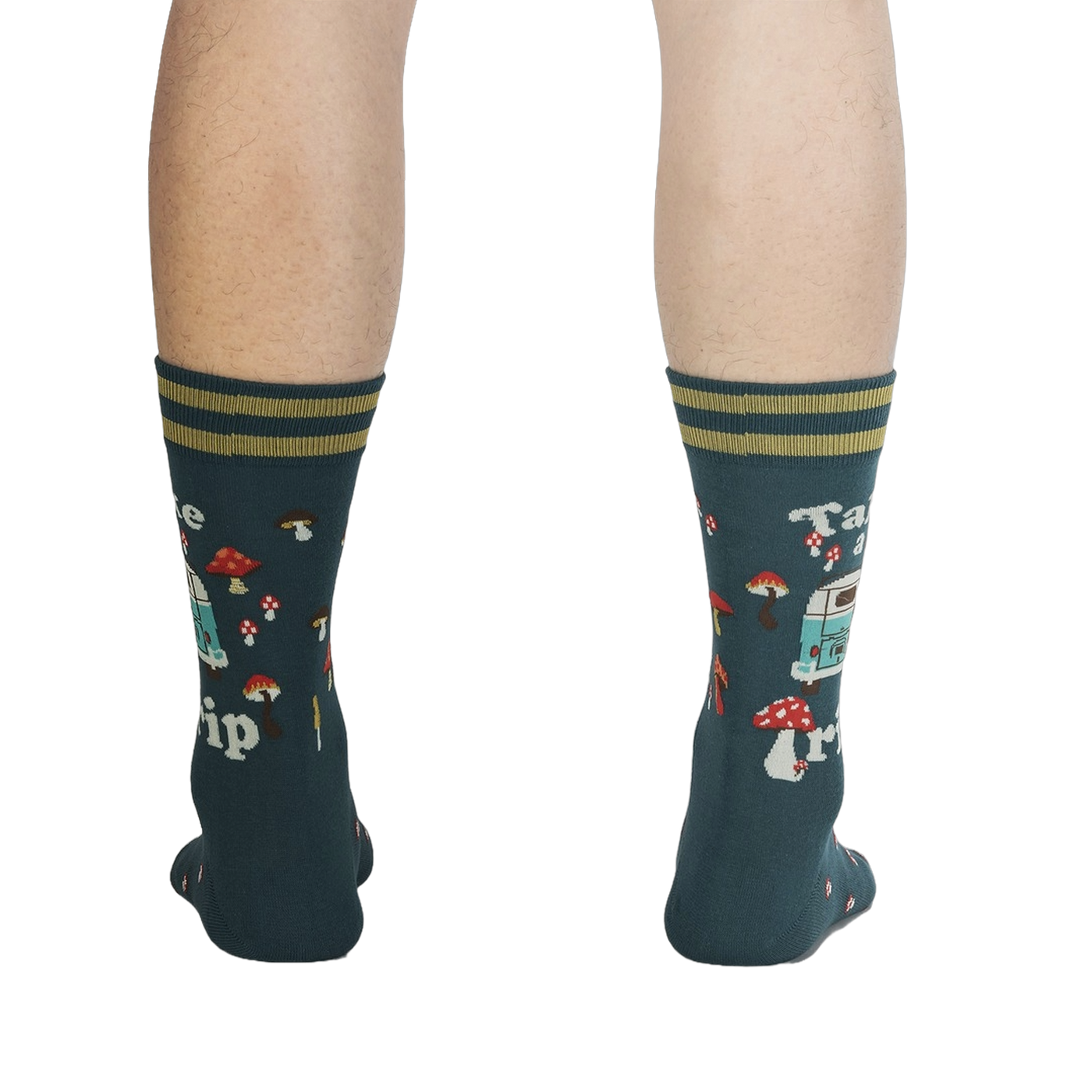 Rear view of a person wearing the teal 'Take a Trip' socks, displaying the back design