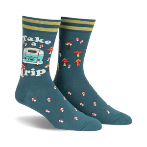 dark teal socks with red and white mushroom pattern, light blue van with 