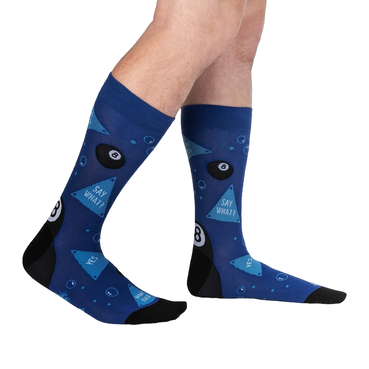 Lifestyle shot showing the socks on a person's legs, showcasing their fit and design.