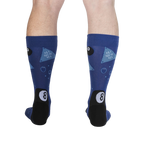 Rear view of the socks on a person's legs showing the back design.