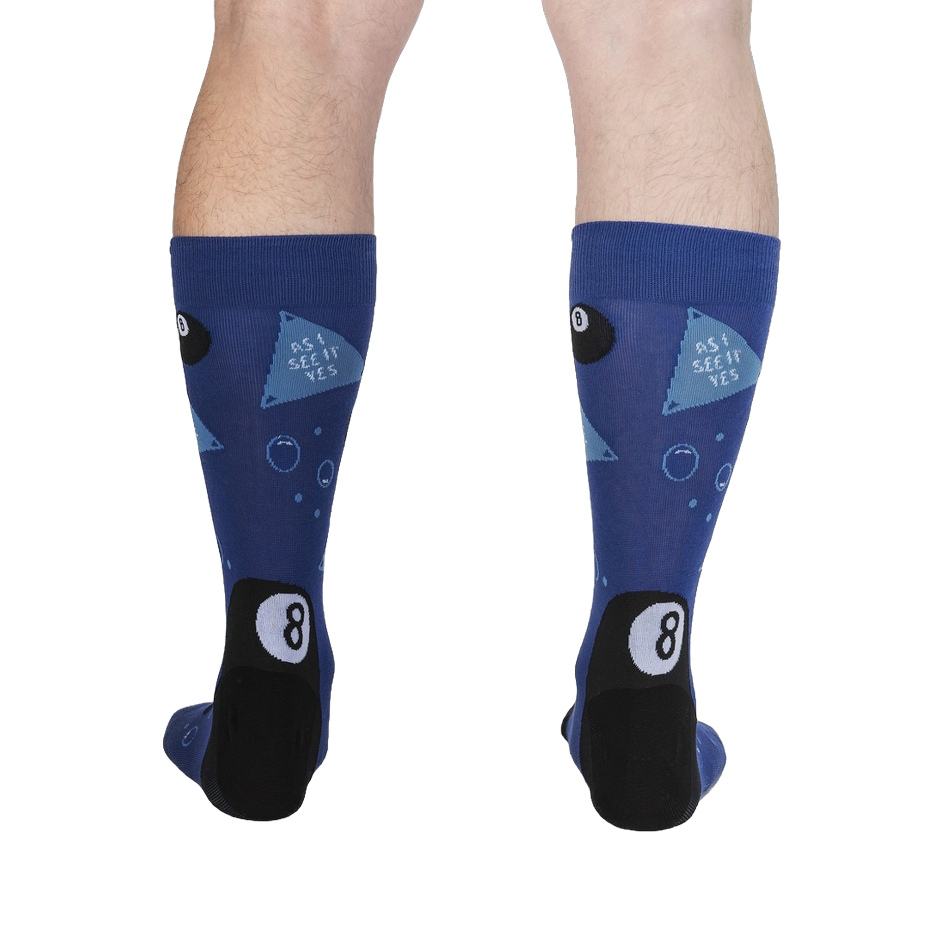 Rear view of the socks on a person's legs showing the back design.