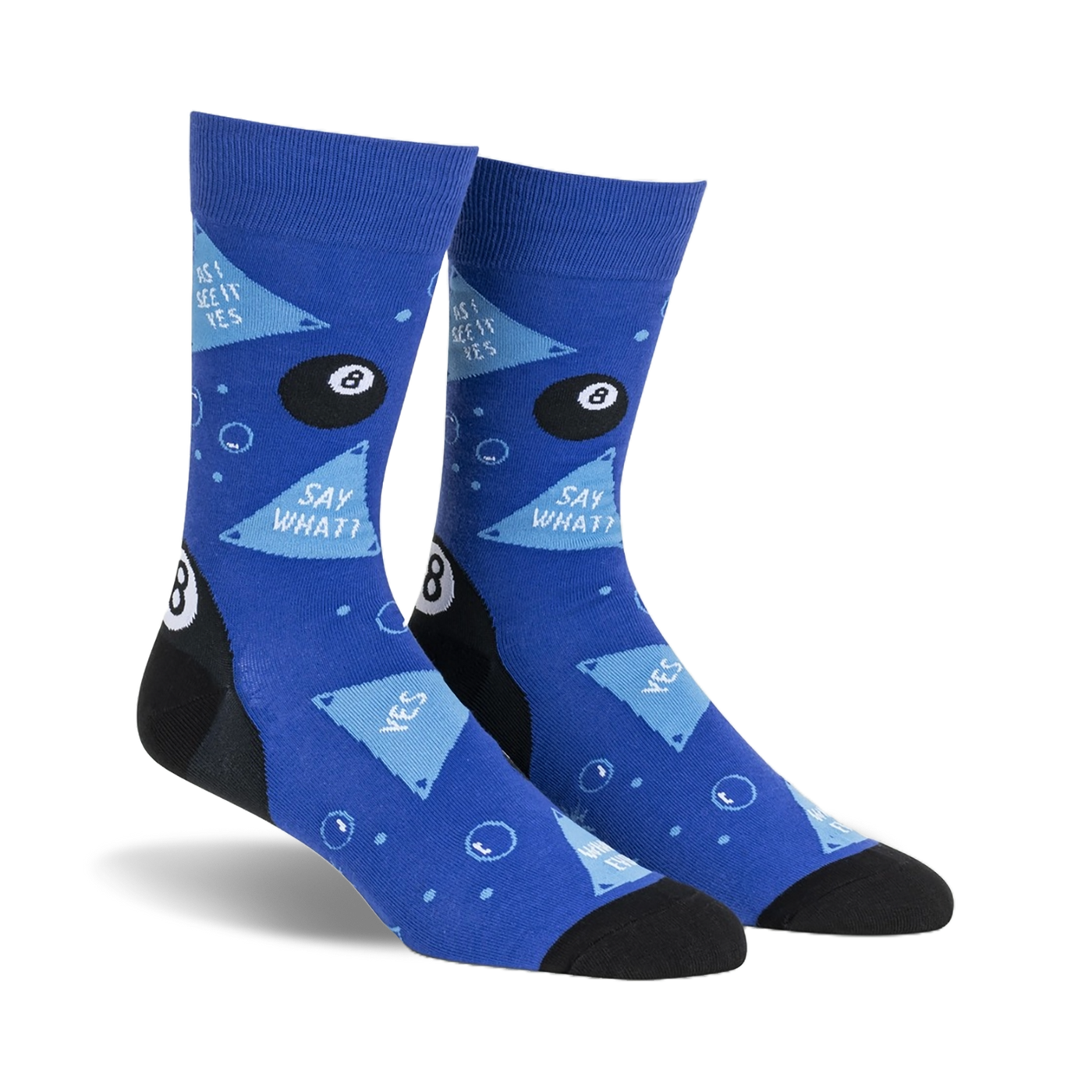 Pair of blue crew socks with an 8-ball, triangles, and 'Say What?' text.  Fun, playful design.