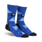 Pair of blue crew socks with an 8-ball, triangles, and 'Say What?' text.  Fun, playful design.