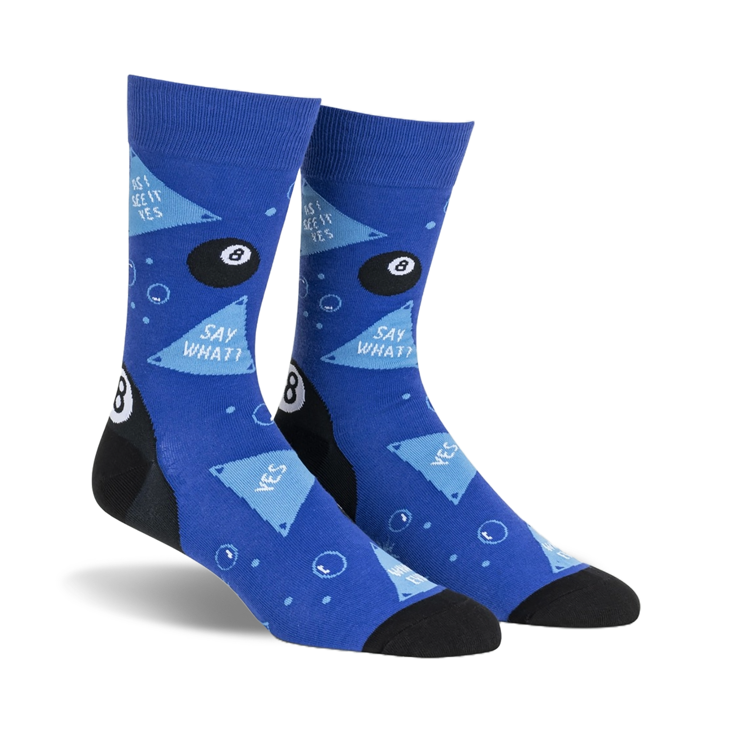 Pair of blue crew socks with an 8-ball, triangles, and 'Say What?' text.  Fun, playful design.