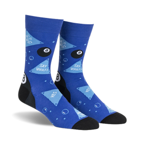 blue men's crew socks with black triangles, speech bubbles, and billiard ball pattern called sources say yes.  