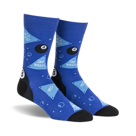 blue men's crew socks with black triangles, speech bubbles, and billiard ball pattern called sources say yes.  