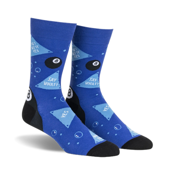 blue men's crew socks with black triangles, speech bubbles, and billiard ball pattern called sources say yes.  