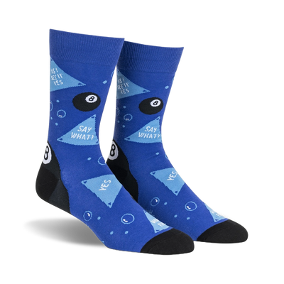 blue men's crew socks with black triangles, speech bubbles, and billiard ball pattern called sources say yes.  