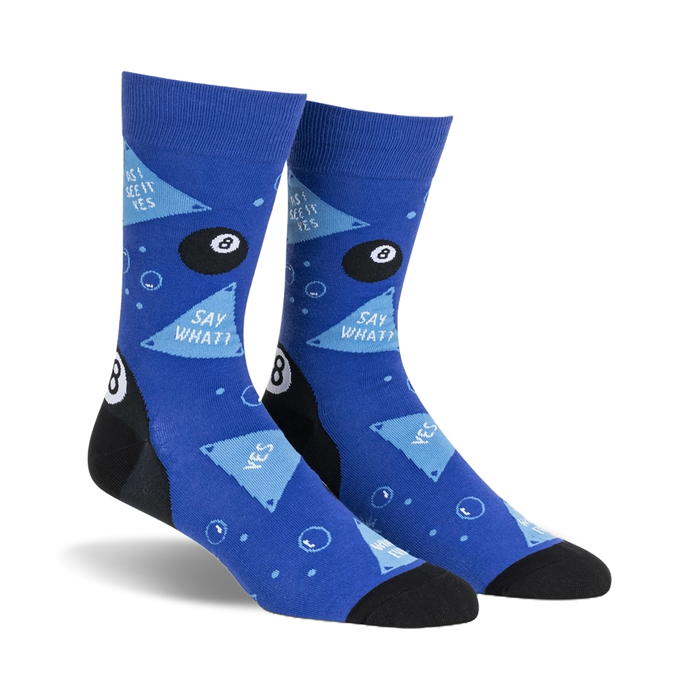 blue men's crew socks with black triangles, speech bubbles, and billiard ball pattern called sources say yes.  