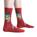 Lifestyle shot of a person wearing the 'Opening Up A Can' socks, showcasing the design on the leg.
