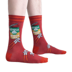 Lifestyle shot of a person wearing the 'Opening Up A Can' socks, showcasing the design on the leg.