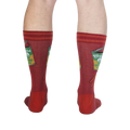 Rear view of a person's legs wearing the 'Opening Up A Can' socks, emphasizing the design's full appearance.