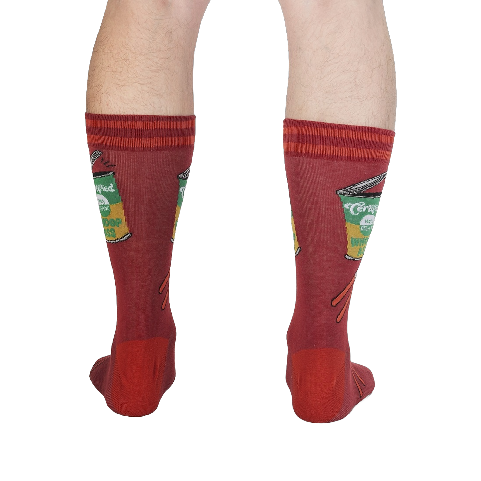 Rear view of a person's legs wearing the 'Opening Up A Can' socks, emphasizing the design's full appearance.