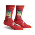 Pair of men's crew socks in red with an illustrated can of 'Whoop Ass' and tools.  Features orange stripes at the top.