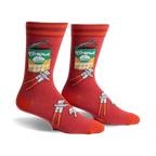 Pair of men's crew socks in red with an illustrated can of 'Whoop Ass' and tools.  Features orange stripes at the top.
