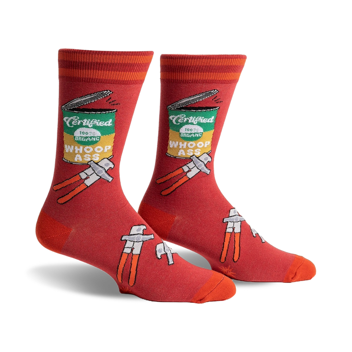 red crew socks with orange stripes and a can opener design opening a can of 