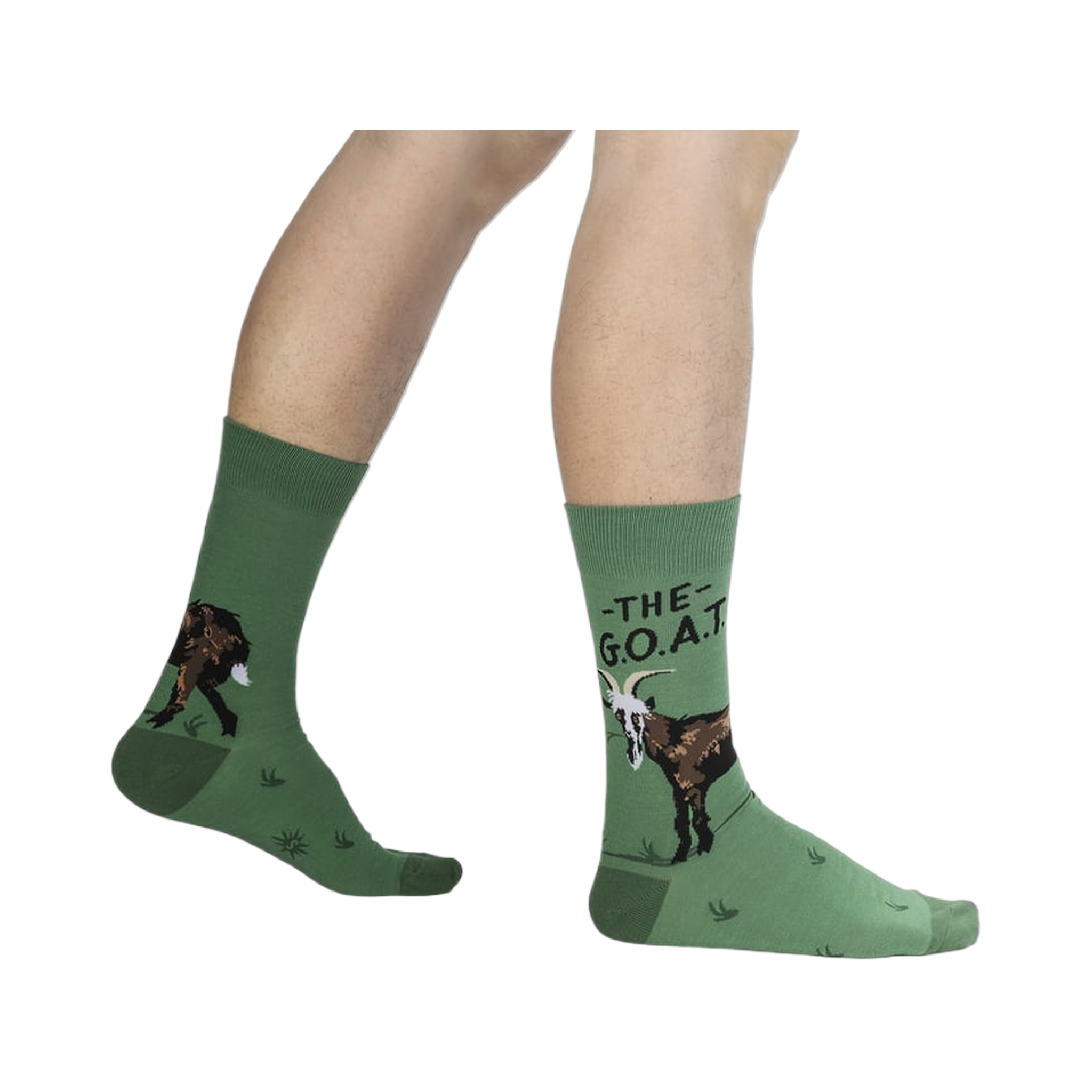 Lifestyle shot of a person wearing the green goat socks.