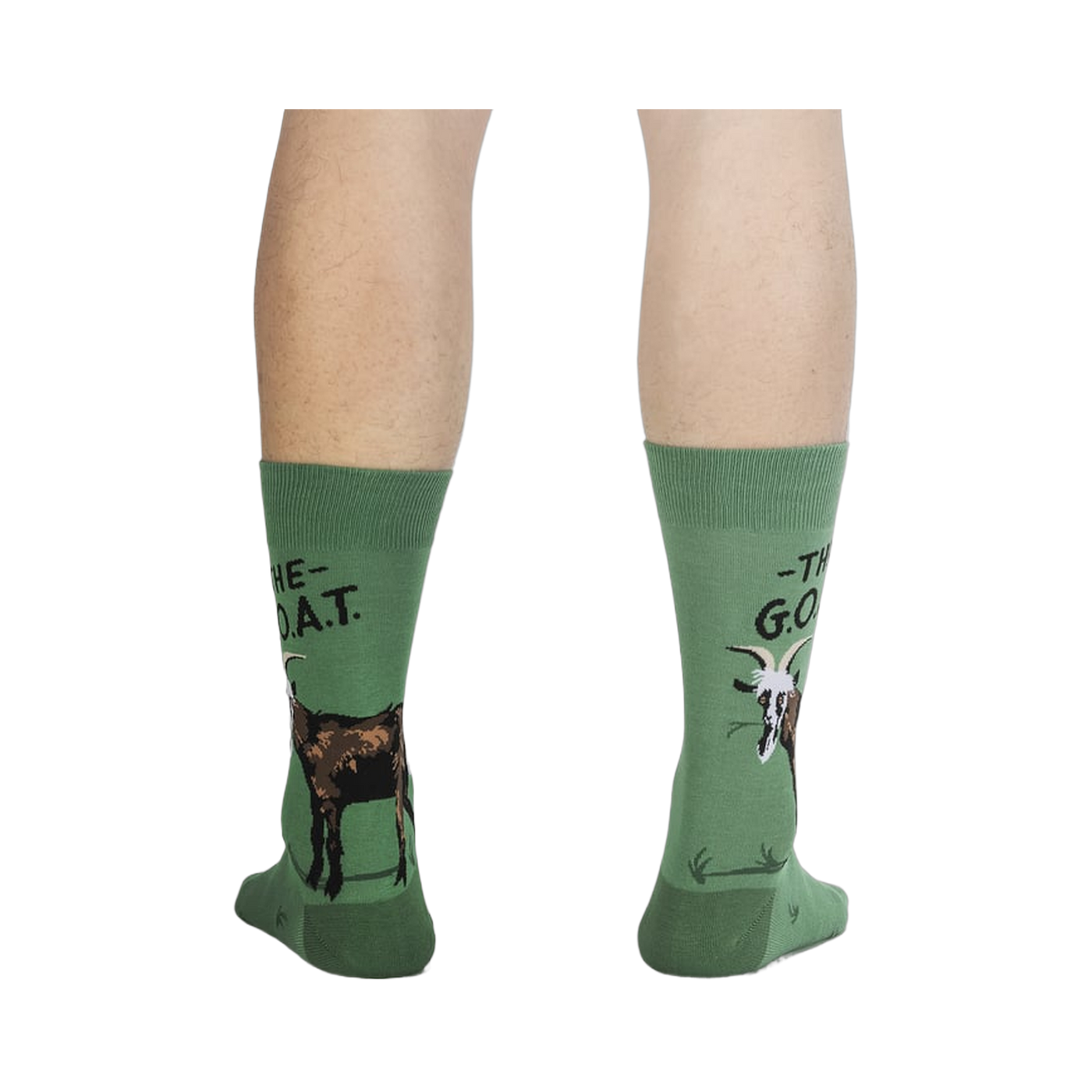 Rear view of the socks showing the goat design on both socks.