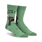 Pair of green crew socks with a brown goat graphic and 'The G.O.A.T.' text.