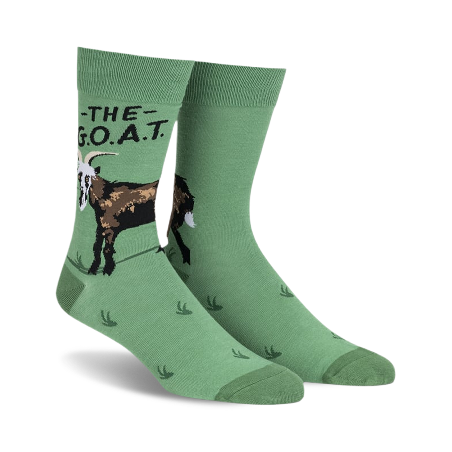 Pair of green crew socks with a brown goat graphic and 'The G.O.A.T.' text.