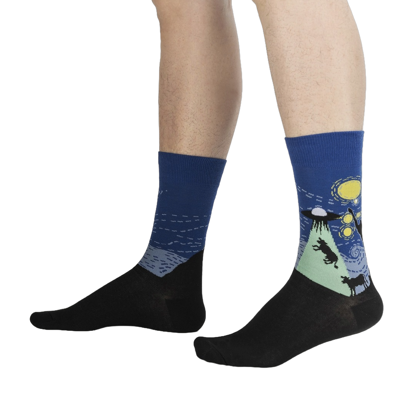 Lifestyle shot showing The Starry Flight socks on a person's legs, highlighting the fit and design.