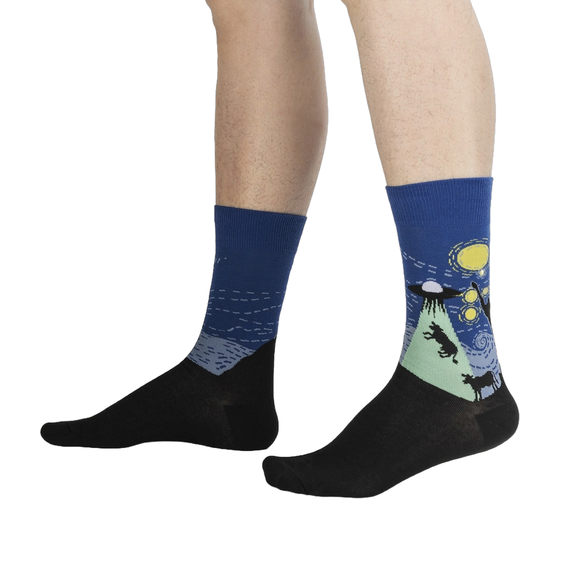 Lifestyle shot showing The Starry Flight socks on a person's legs, highlighting the fit and design.