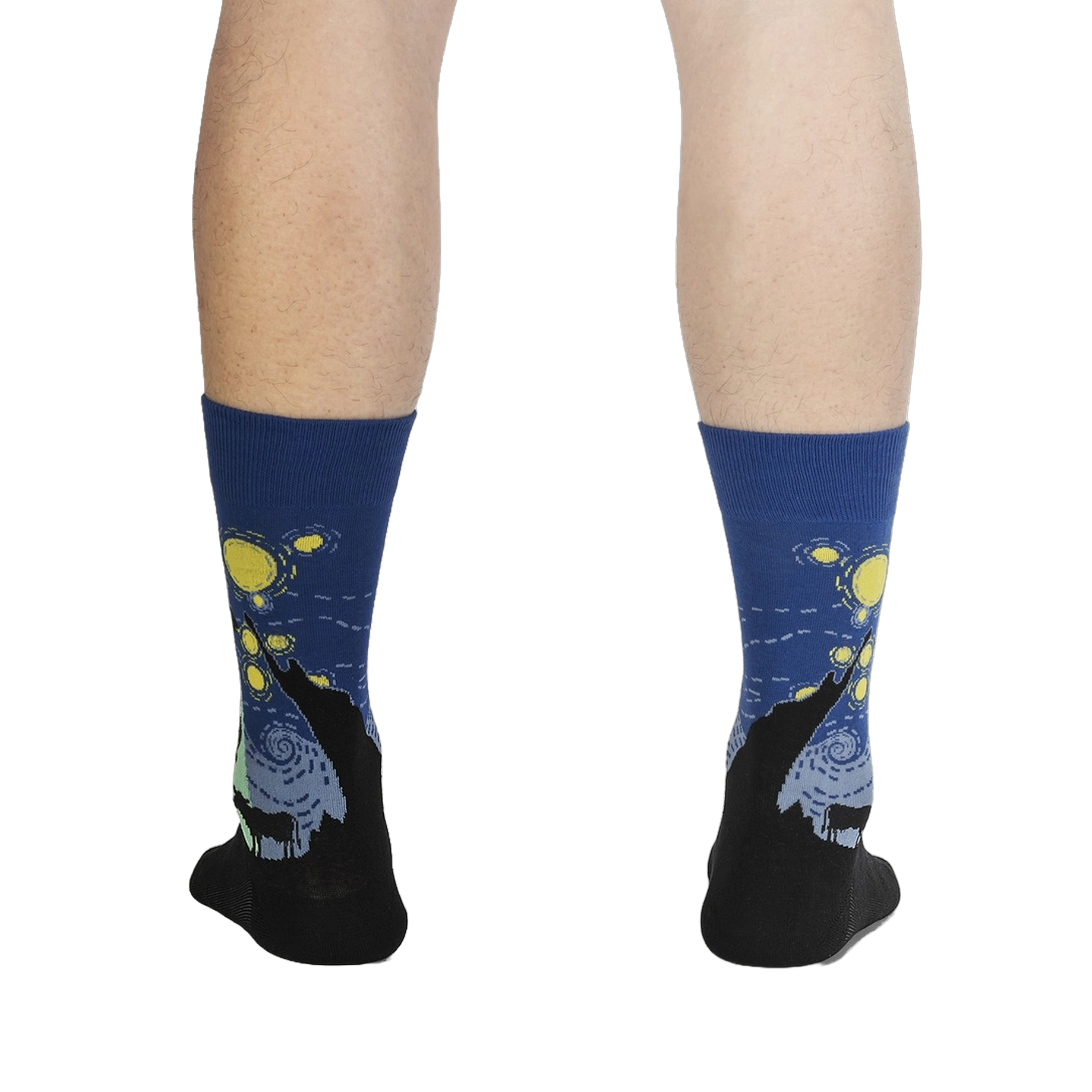 Rear view of a person wearing The Starry Flight socks, showcasing the sock's design from the back.