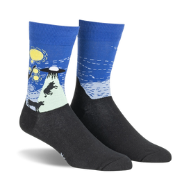 blue crew socks for men with a funny pattern of a cow being abducted by a ufo in a starry night sky.  