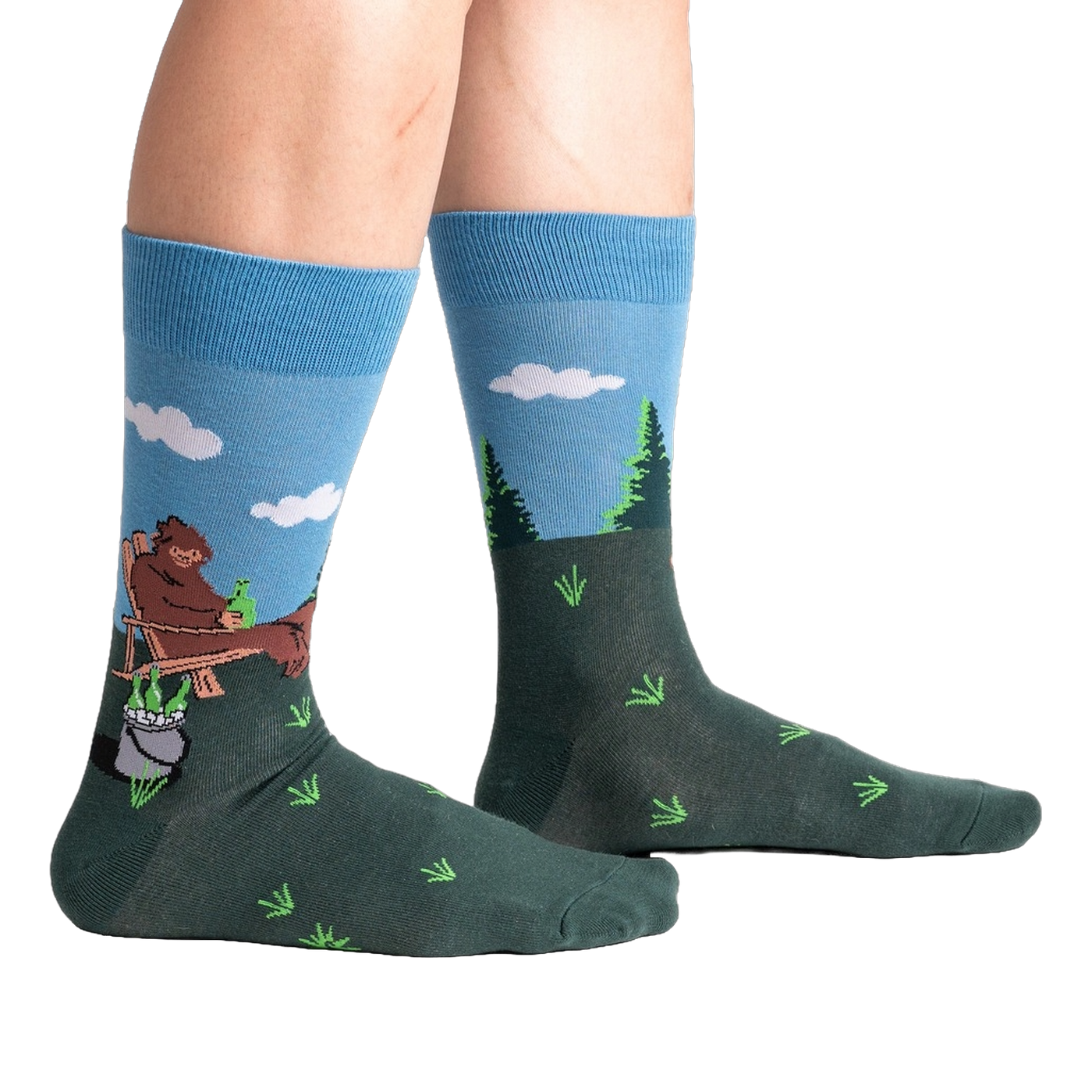 Lifestyle shot of 'Bucket List' socks on a person's legs, showing the socks' fit and design.