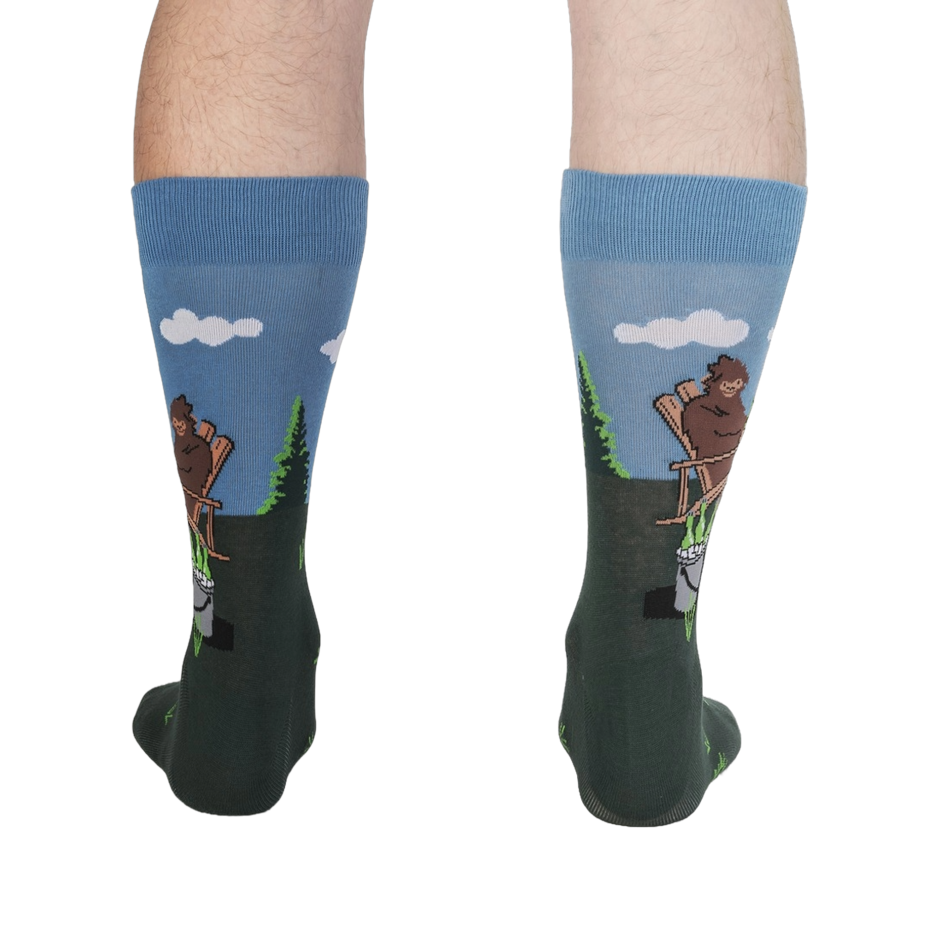 Rear view of a person wearing the 'Bucket List' socks, showcasing the design on the back of the socks.