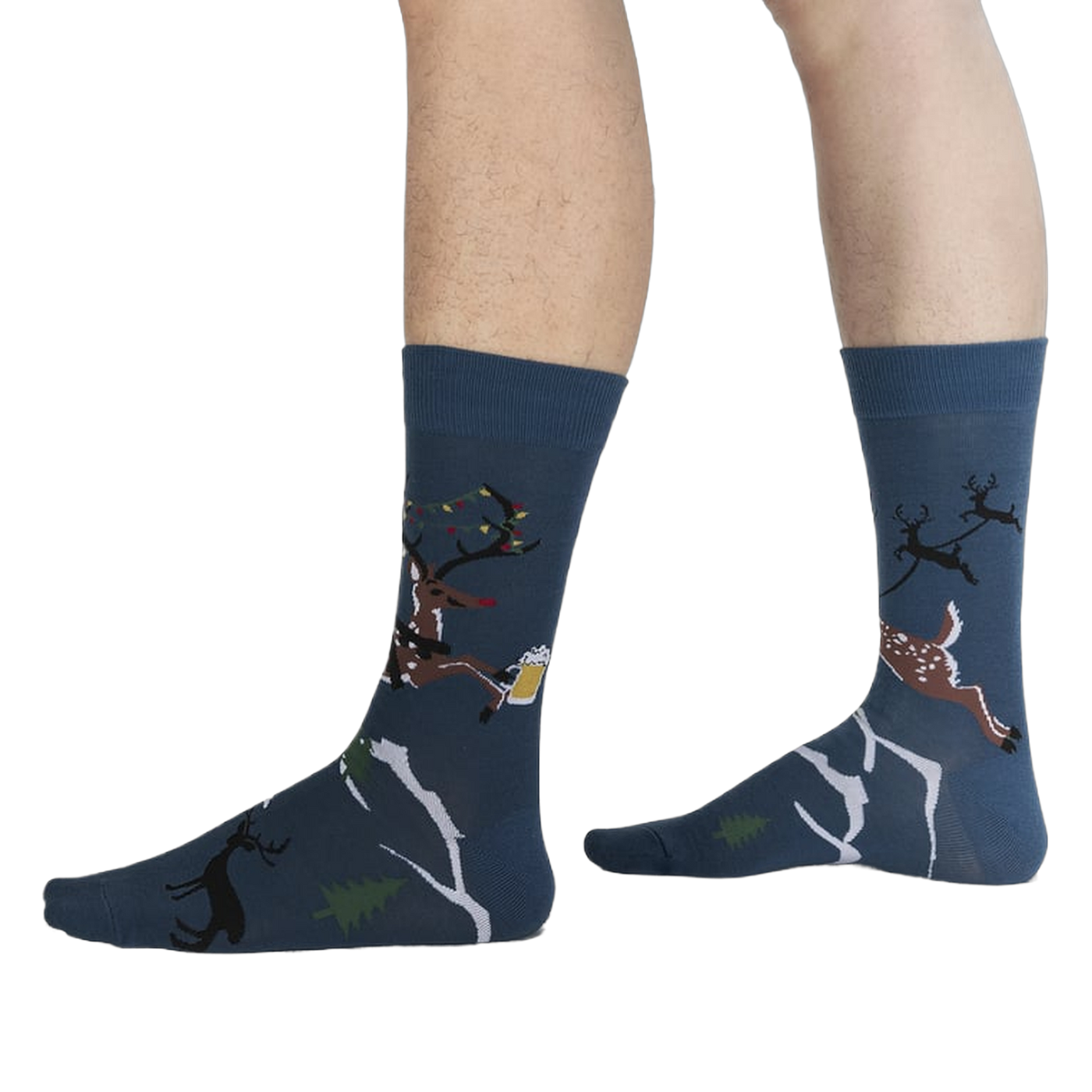 Lifestyle shot: Brew-Dolph socks on a person's feet, showcasing the design and fit.