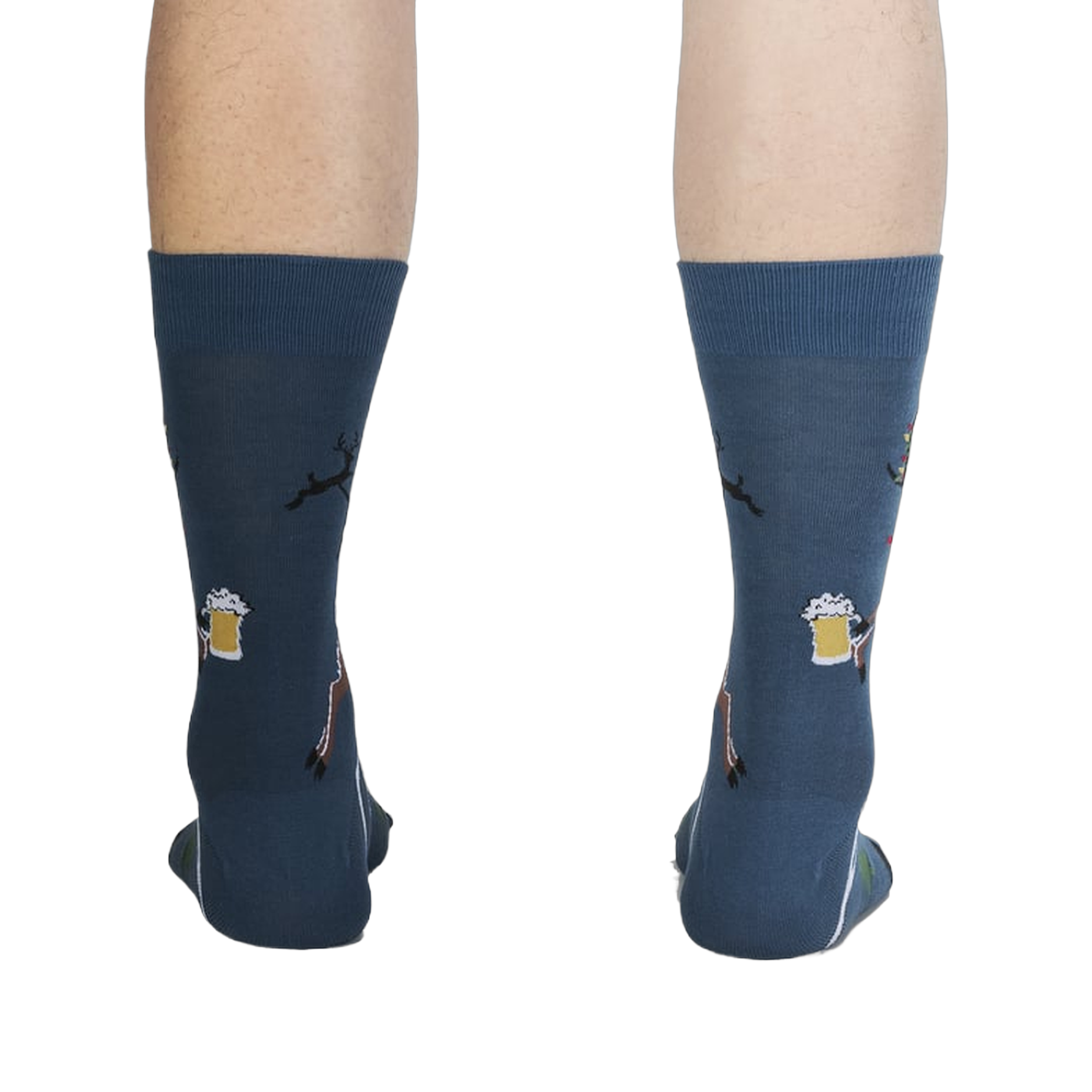 Rear view of Brew-Dolph socks on a person's legs, highlighting the full design on the back.