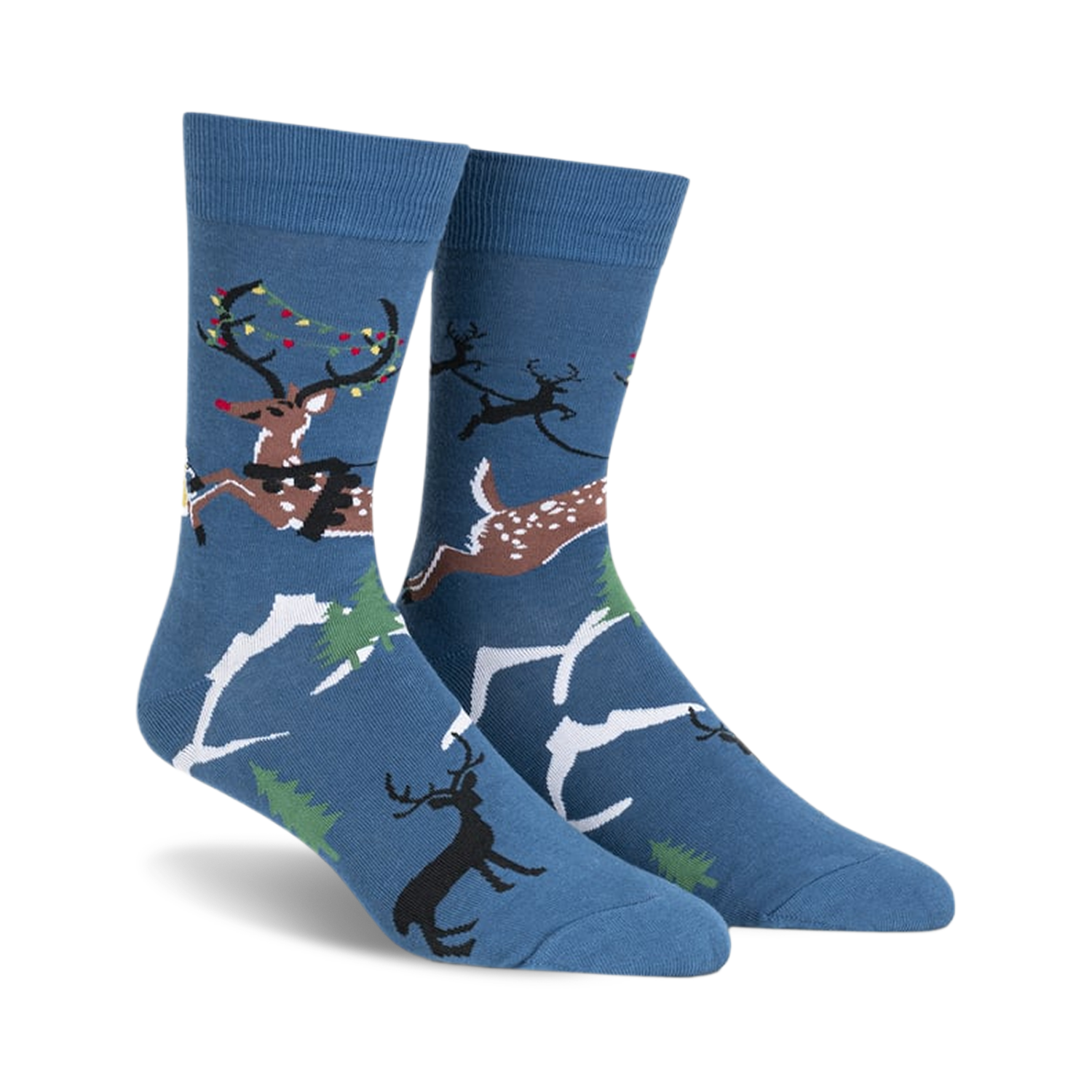 Crew socks in navy blue featuring reindeer with beer and Christmas lights, snowy landscape design.