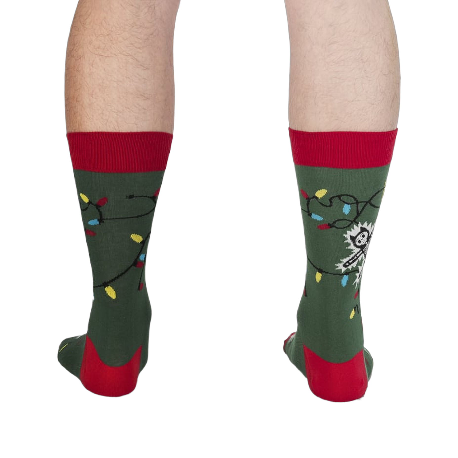 Back view of the 'Eating Light' socks on a model, showing the full design.