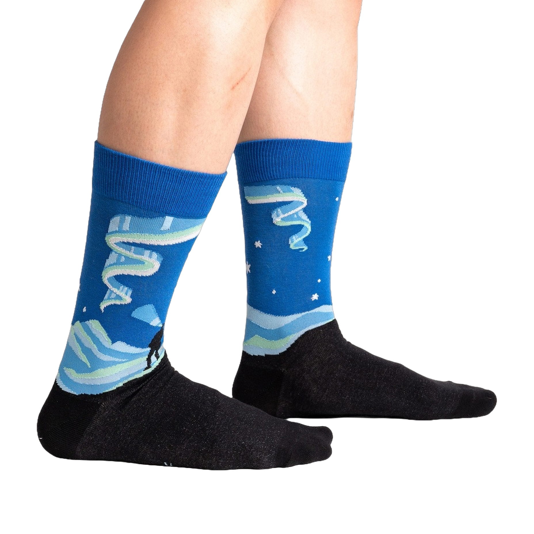 Lifestyle shot of a person wearing the Northern Lights socks, showcasing the design and fit.