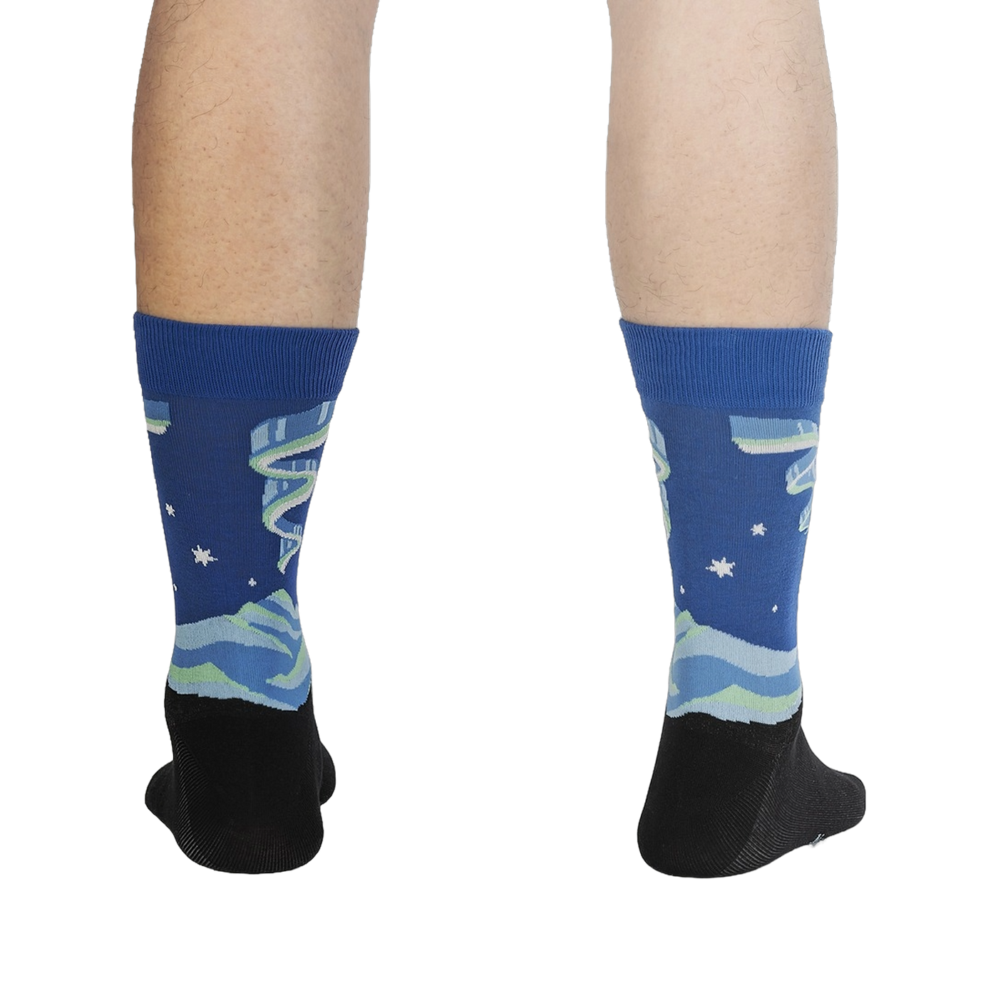 Rear view of a pair of Northern Lights socks on a person's legs, highlighting the full design and color scheme.